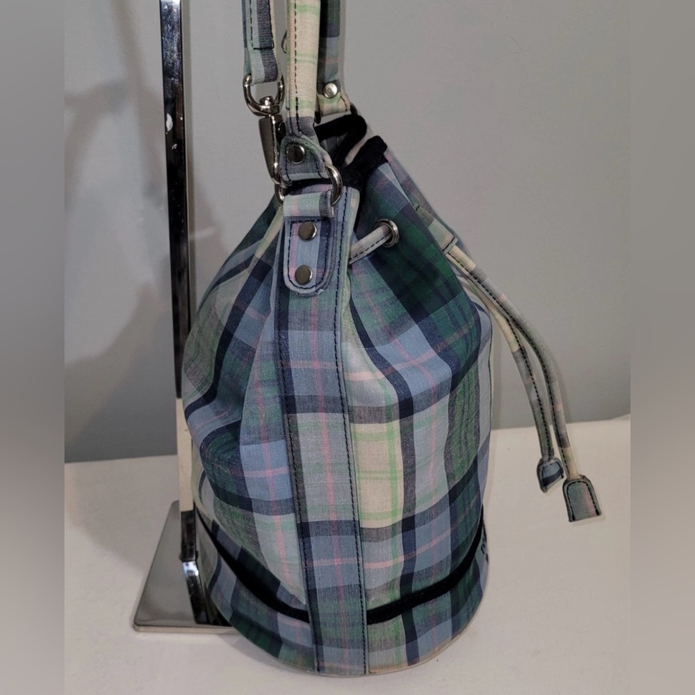Vintage Tommy Hilfiger Plaid Drawstring Bucket Satchel Crossbody Bag Blue Green - Picture 3 of 16